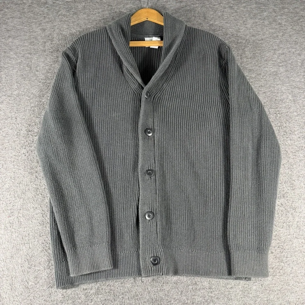 Men's Cardigan Sweater Shawl Collar Fisherman Gray Ribbed Knit Grandpacore SZ L